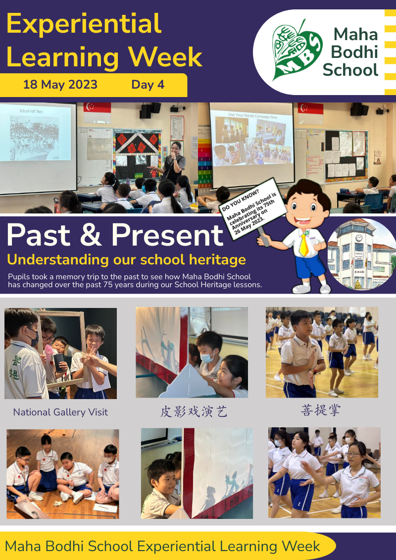 Maha Bodhi School flyer for Experiential Learning Week Day 4, showing students in classroom and activity photos.